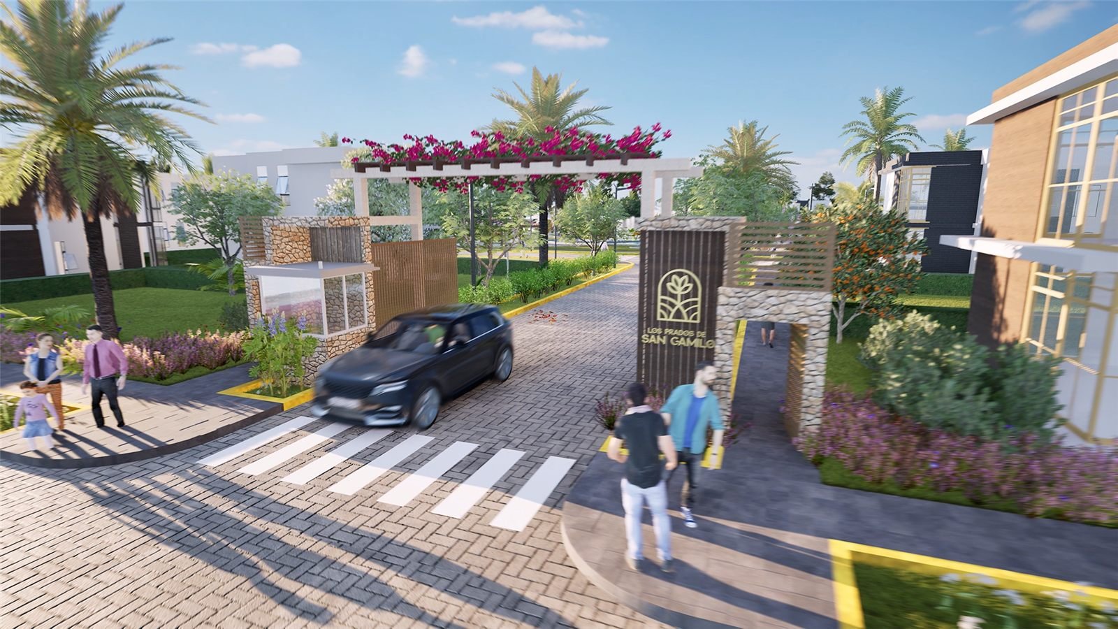 Render arquitectónico del ingreso de un condominio